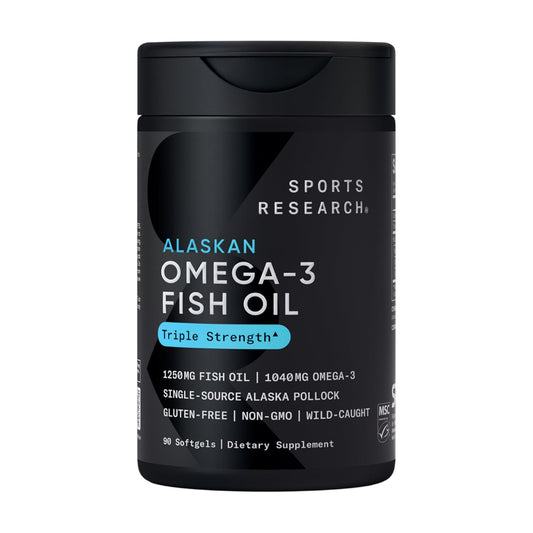 Sports Research® Omega-3 Fish Oil 1250 - Triple Strength Fish Oil Supplement from Wild Alaska Pollock - MSC Certified Sustainable · Non-GMO · Soy Free - 90 Softgel Capsules